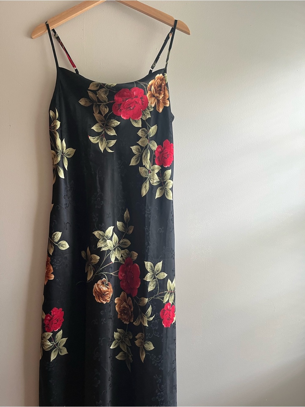 Floral Satiny feel Slip Dress with Red and Gold Roses